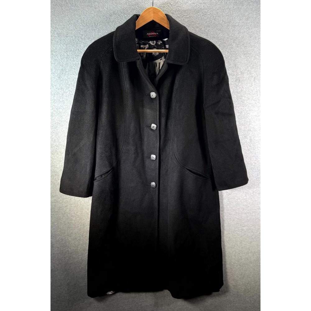 Alorna Long Coat Women's M/L Black Super Fine‎ Wool Blend Collared Button Front